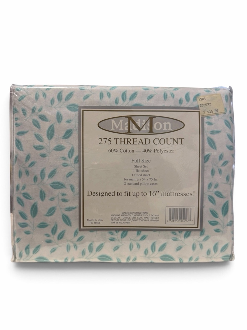 NOS Vintage Madison Full Sheet Set in Teal Leaf Print
